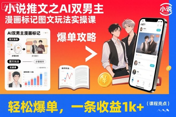 小说推文之AI双男主漫画标记图文玩法实操课，轻松爆单，一条收益1k+-兰欣行教